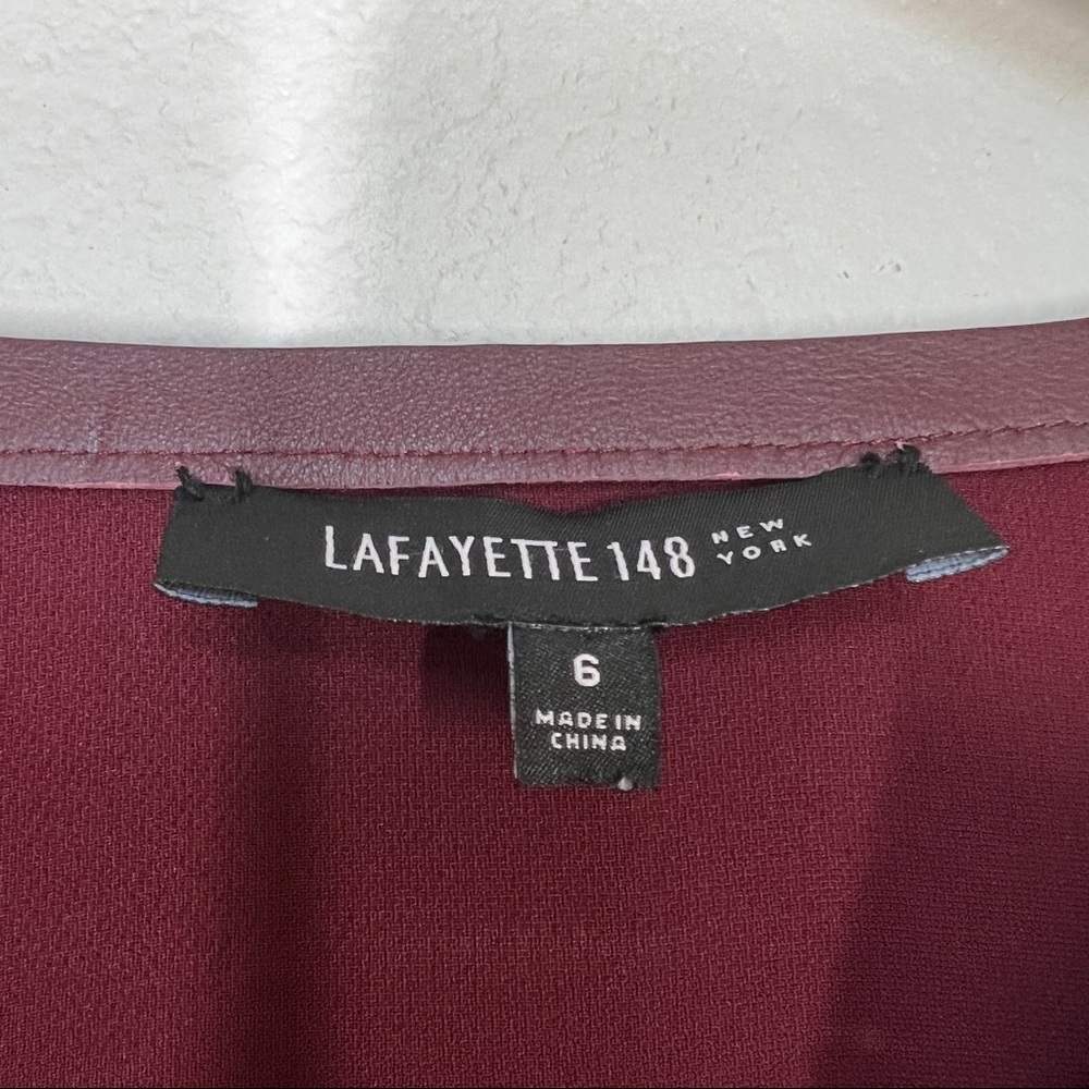 Lafayette 148 New York Maroon Side Zip Blouse Leather Neckline Size 6 - Picture 7 of 8